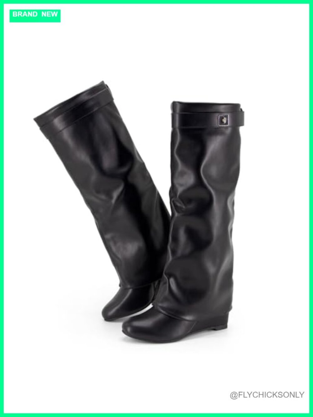 Fold Over Knee High Shark Boots Wedge Heel Pointed Toe PU Leather
